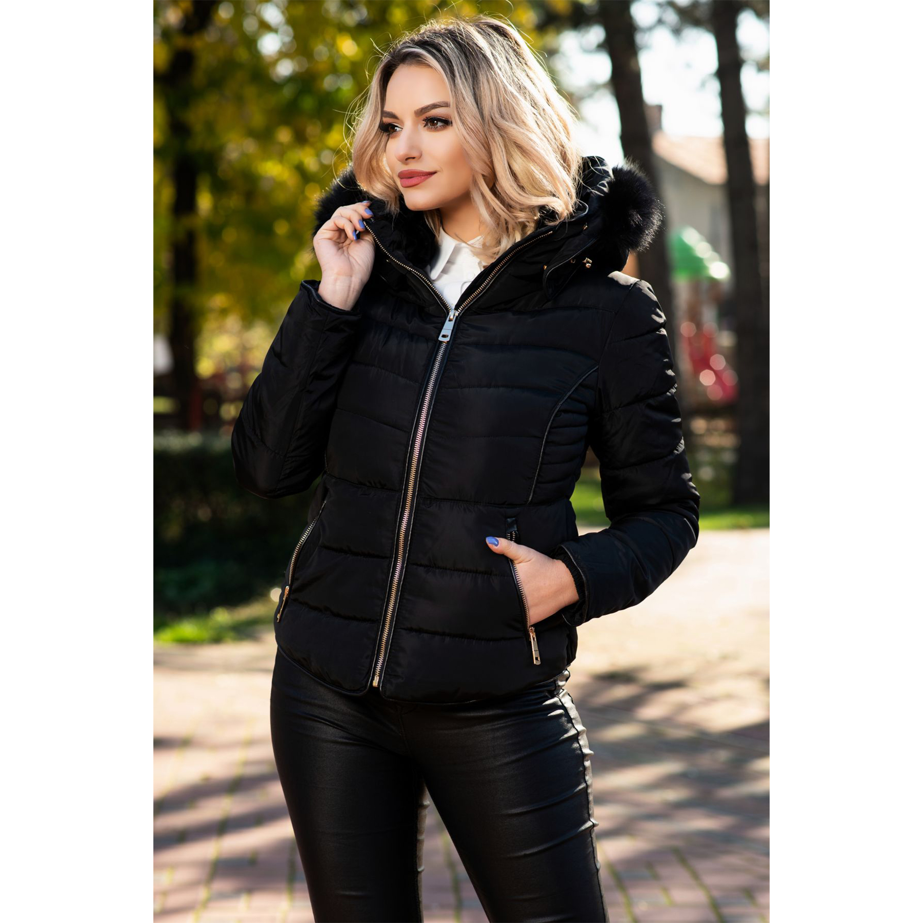 Best Shop - Geaca Dama Scurta Matlasata Cu Gluga - InPuff - negru